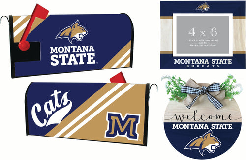 Montana State Bobcats Officially Licensed Home Decor Pack - Magnetic Mailbox Cover, Wooden Welcome Wreath Sign & Photo Frame 