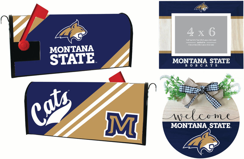 Montana State Bobcats Officially Licensed Home Decor Pack - Magnetic Mailbox Cover, Wooden Welcome Wreath Sign & Photo Frame 