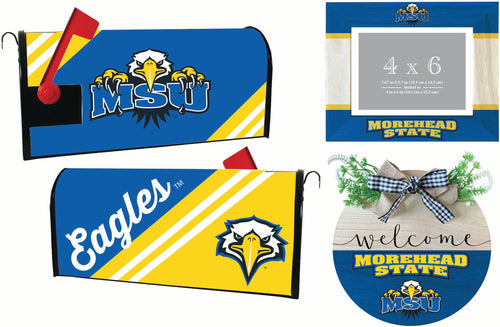 Morehead State University Officially Licensed Home Decor Pack - Magnetic Mailbox Cover, Wooden Welcome Wreath Sign & Photo Frame 