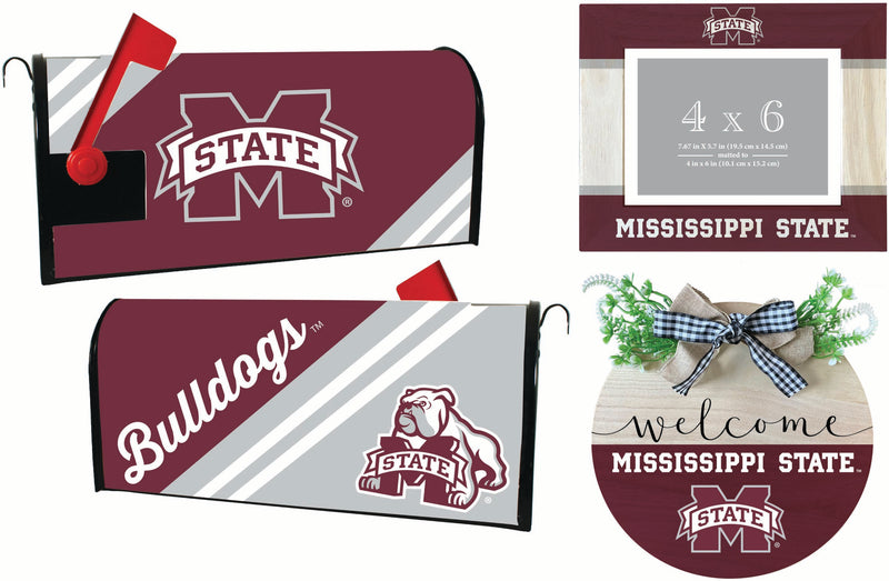 Mississippi State Bulldogs Officially Licensed Home Decor Pack - Magnetic Mailbox Cover, Wooden Welcome Wreath Sign & Photo Frame 