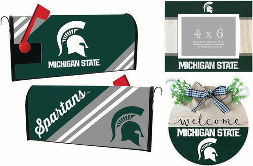 Michigan State Spartans Officially Licensed Home Decor Pack - Magnetic Mailbox Cover, Wooden Welcome Wreath Sign & Photo Frame 