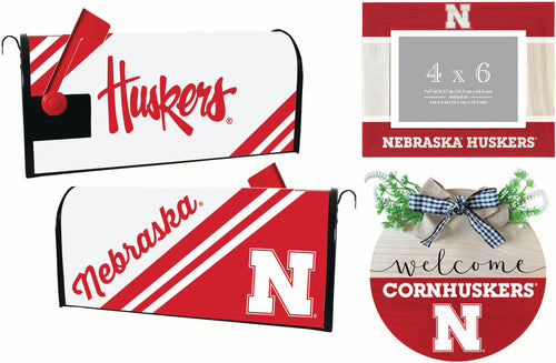 Nebraska Cornhuskers Officially Licensed Home Decor Pack - Magnetic Mailbox Cover, Wooden Welcome Wreath Sign & Photo Frame 