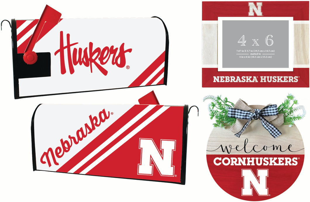 Nebraska Cornhuskers Officially Licensed Home Decor Pack - Magnetic Mailbox Cover, Wooden Welcome Wreath Sign & Photo Frame 