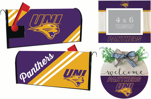 Northern Iowa Panthers Officially Licensed Home Decor Pack - Magnetic Mailbox Cover, Wooden Welcome Wreath Sign & Photo Frame 