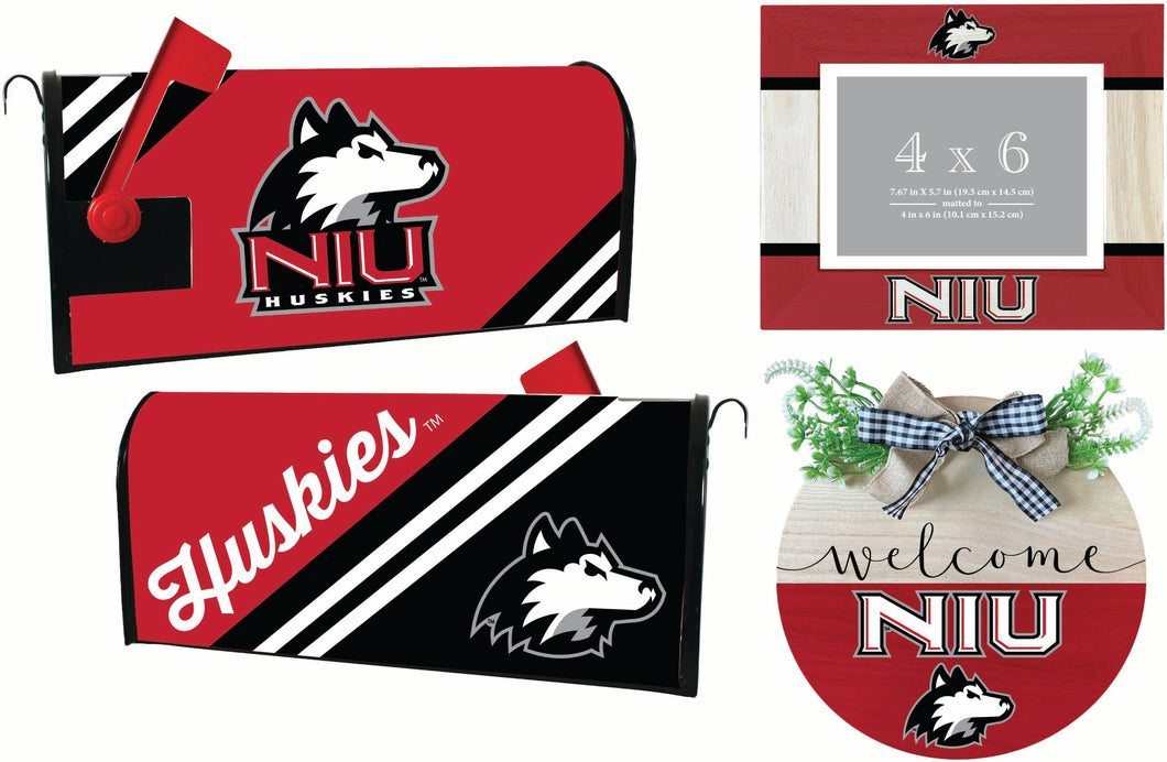 Northern Illinois Huskies Officially Licensed Home Decor Pack - Magnetic Mailbox Cover, Wooden Welcome Wreath Sign & Photo Frame 