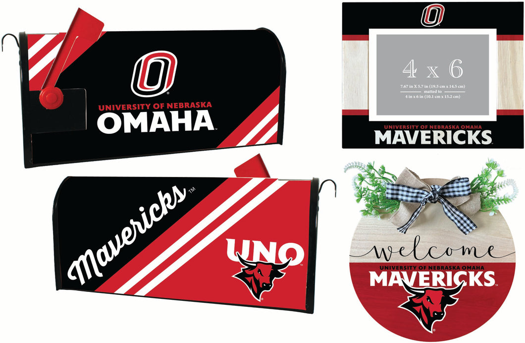 Nebraska at Omaha Officially Licensed Home Decor Pack - Magnetic Mailbox Cover, Wooden Welcome Wreath Sign & Photo Frame 