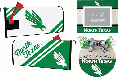 North Texas Officially Licensed Home Decor Pack - Magnetic Mailbox Cover, Wooden Welcome Wreath Sign & Photo Frame 