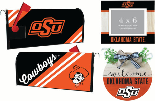 Oklahoma State Cowboys Officially Licensed Home Decor Pack - Magnetic Mailbox Cover, Wooden Welcome Wreath Sign & Photo Frame 