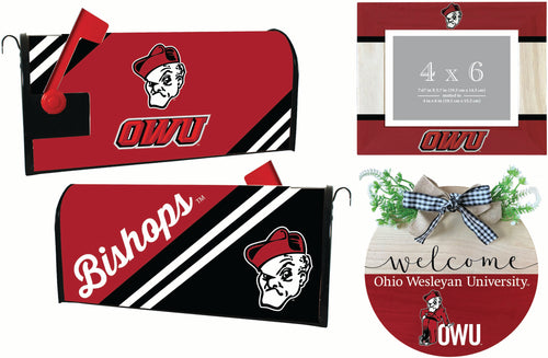Ohio Wesleyan University Officially Licensed Home Decor Pack - Magnetic Mailbox Cover, Wooden Welcome Wreath Sign & Photo Frame 