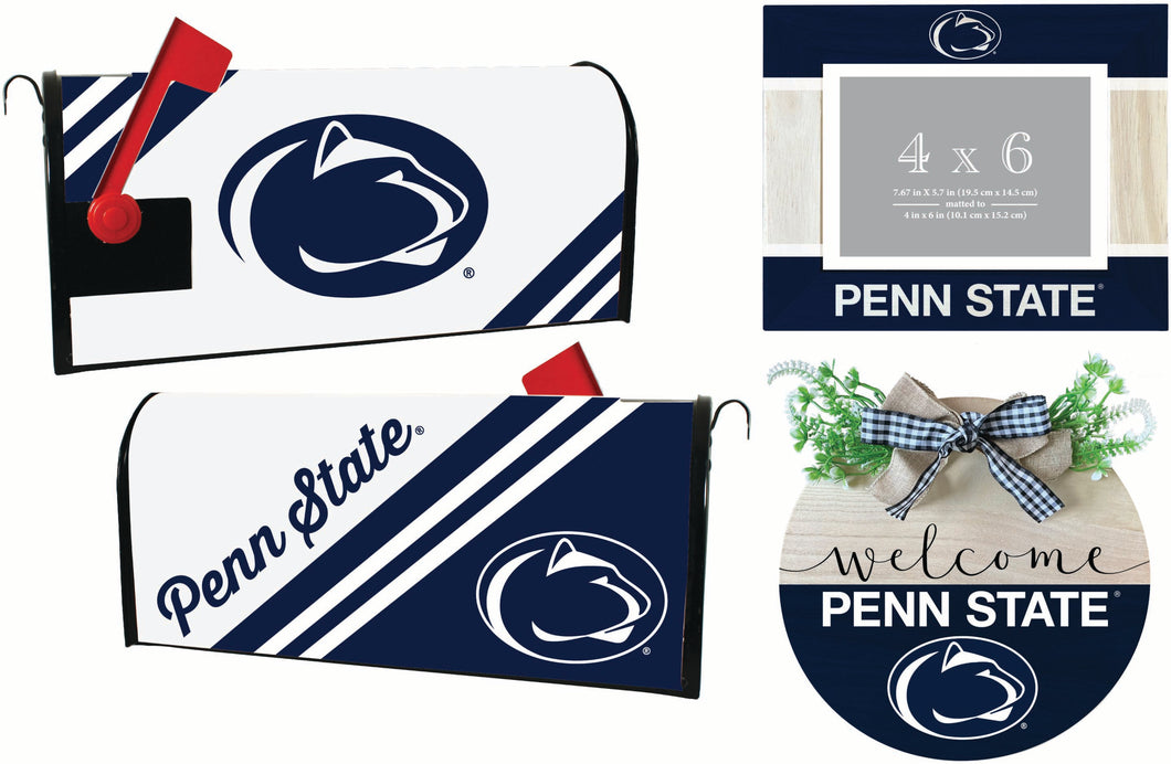 Penn State Nittany Lions Officially Licensed Home Decor Pack - Magnetic Mailbox Cover, Wooden Welcome Wreath Sign & Photo Frame 