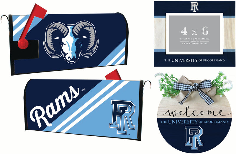 Rhode Island University Officially Licensed Home Decor Pack - Magnetic Mailbox Cover, Wooden Welcome Wreath Sign & Photo Frame 