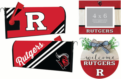 Rutgers Scarlet Knights Officially Licensed Home Decor Pack - Magnetic Mailbox Cover, Wooden Welcome Wreath Sign & Photo Frame 