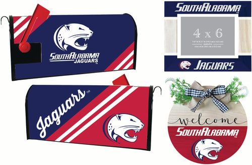 University of South Alabama Officially Licensed Home Decor Pack - Magnetic Mailbox Cover, Wooden Welcome Wreath Sign & Photo Frame 