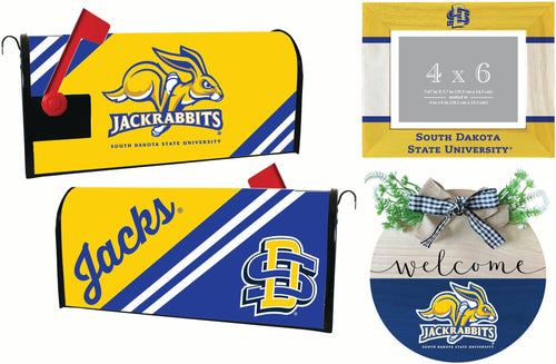 South Dakota State Jackrabbits Officially Licensed Home Decor Pack - Magnetic Mailbox Cover, Wooden Welcome Wreath Sign & Photo Frame 
