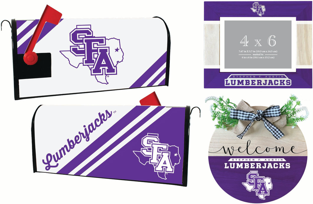 Stephen F. Austin State University Officially Licensed Home Decor Pack - Magnetic Mailbox Cover, Wooden Welcome Wreath Sign & Photo Frame 
