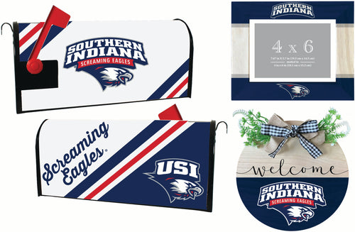 University of Southern Indiana Officially Licensed Home Decor Pack - Magnetic Mailbox Cover, Wooden Welcome Wreath Sign & Photo Frame 
