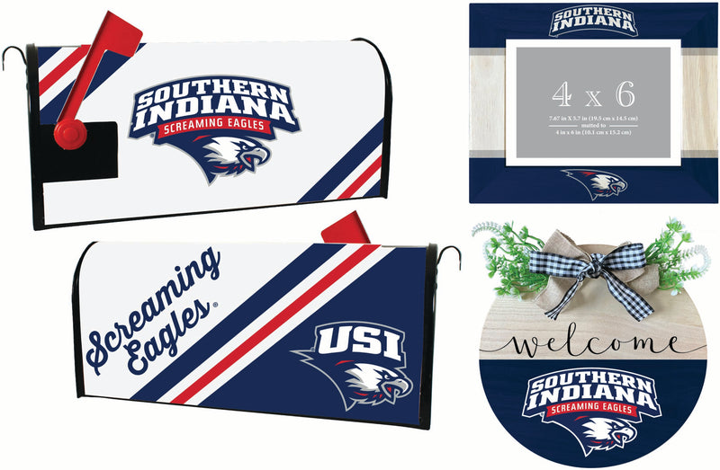 University of Southern Indiana Officially Licensed Home Decor Pack - Magnetic Mailbox Cover, Wooden Welcome Wreath Sign & Photo Frame 