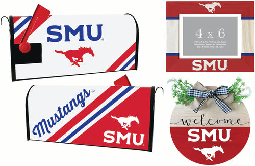 Southern Methodist University Officially Licensed Home Decor Pack - Magnetic Mailbox Cover, Wooden Welcome Wreath Sign & Photo Frame 