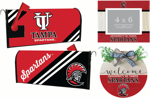 University of Tampa Spartans Officially Licensed Home Decor Pack - Magnetic Mailbox Cover, Wooden Welcome Wreath Sign & Photo Frame 
