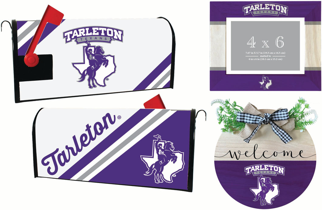 Tarleton State University Officially Licensed Home Decor Pack - Magnetic Mailbox Cover, Wooden Welcome Wreath Sign & Photo Frame 