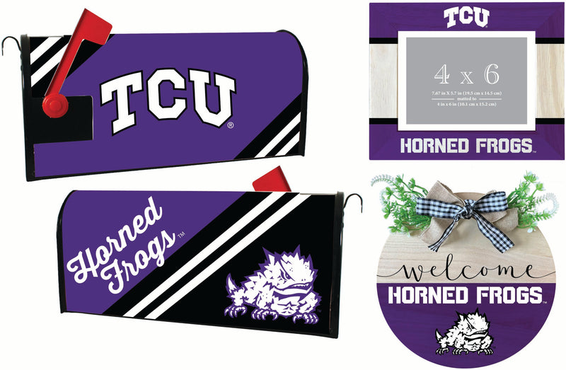 Texas Christian University Officially Licensed Home Decor Pack - Magnetic Mailbox Cover, Wooden Welcome Wreath Sign & Photo Frame 
