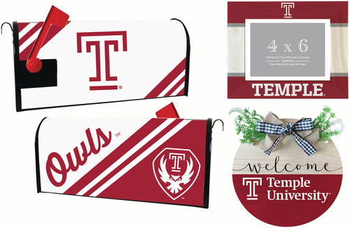 Temple University Officially Licensed Home Decor Pack - Magnetic Mailbox Cover, Wooden Welcome Wreath Sign & Photo Frame 