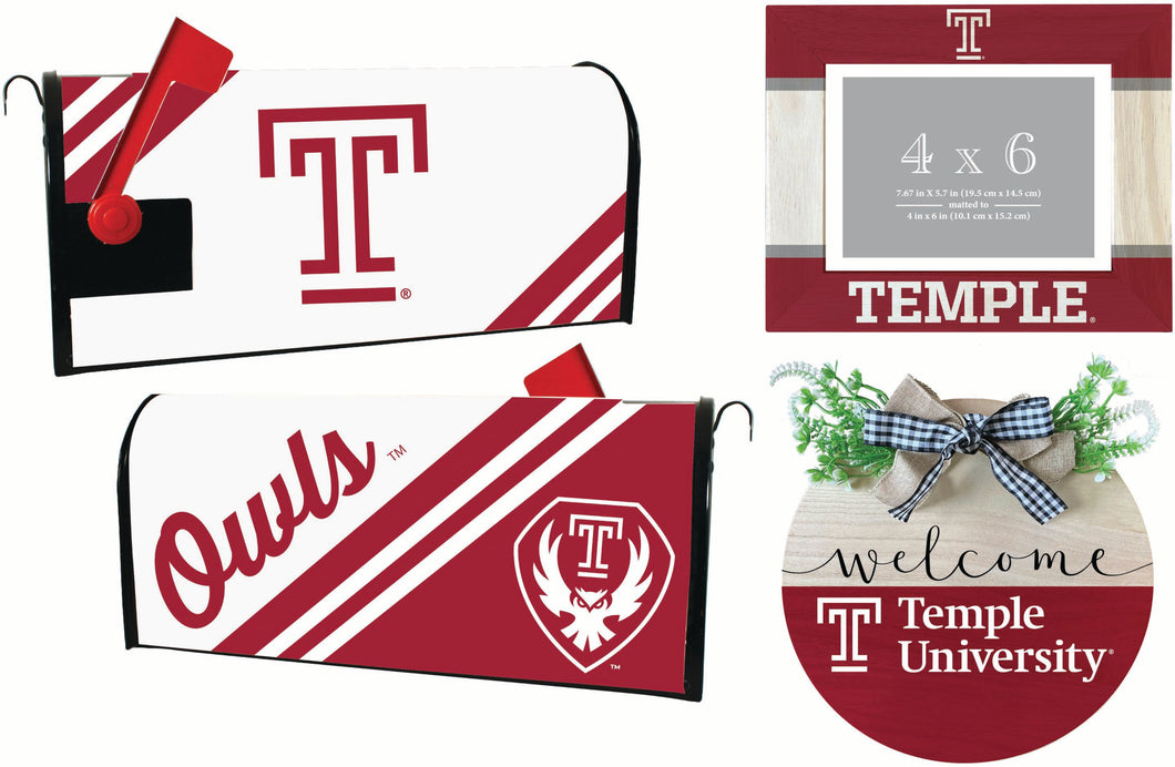 Temple University Officially Licensed Home Decor Pack - Magnetic Mailbox Cover, Wooden Welcome Wreath Sign & Photo Frame 