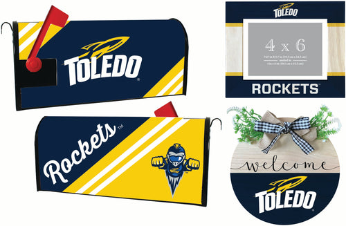 Toledo Rockets Officially Licensed Home Decor Pack - Magnetic Mailbox Cover, Wooden Welcome Wreath Sign & Photo Frame 