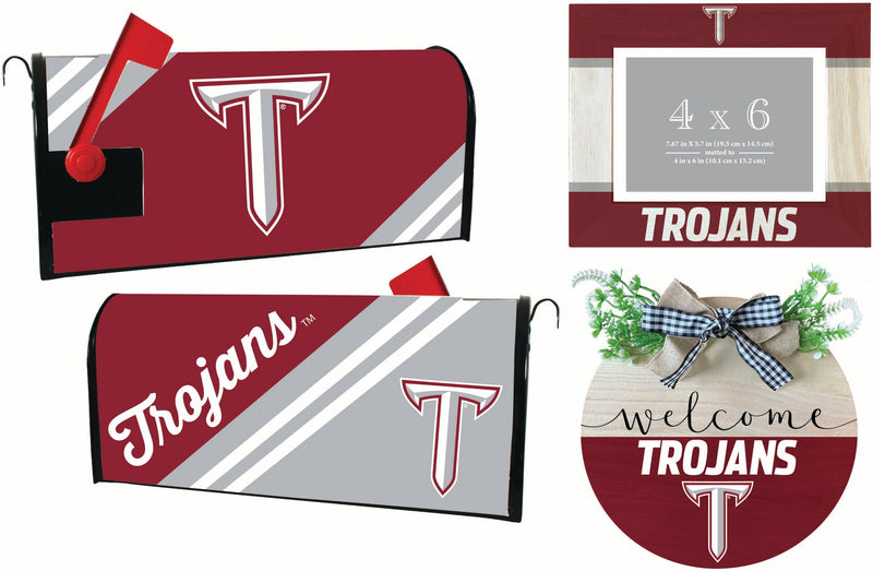 Troy University Officially Licensed Home Decor Pack - Magnetic Mailbox Cover, Wooden Welcome Wreath Sign & Photo Frame 