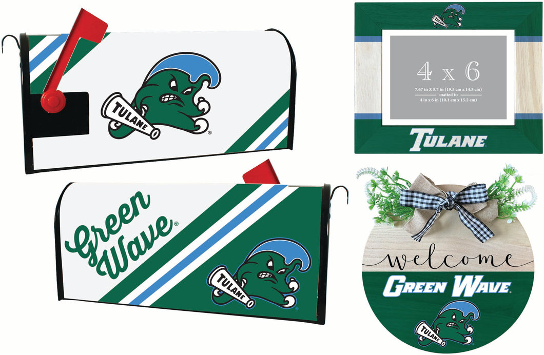 Tulane University Green Wave Officially Licensed Home Decor Pack - Magnetic Mailbox Cover, Wooden Welcome Wreath Sign & Photo Frame 