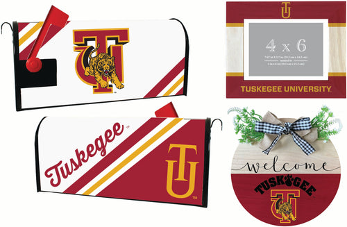 Tuskegee University Officially Licensed Home Decor Pack - Magnetic Mailbox Cover, Wooden Welcome Wreath Sign & Photo Frame 