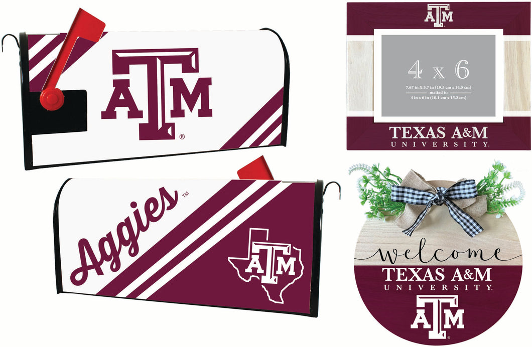 Texas A&M Aggies Officially Licensed Home Decor Pack - Magnetic Mailbox Cover, Wooden Welcome Wreath Sign & Photo Frame 