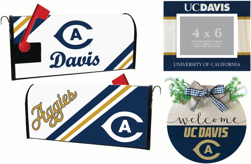 UC Davis Aggies Officially Licensed Home Decor Pack - Magnetic Mailbox Cover, Wooden Welcome Wreath Sign & Photo Frame 