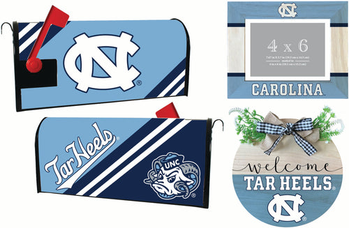 UNC Tar Heels Officially Licensed Home Decor Pack - Magnetic Mailbox Cover, Wooden Welcome Wreath Sign & Photo Frame 
