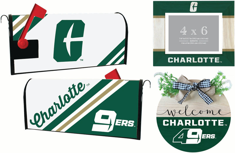 North Carolina Charlotte Forty-Niners Officially Licensed Home Decor Pack - Magnetic Mailbox Cover, Wooden Welcome Wreath Sign & Photo Frame 