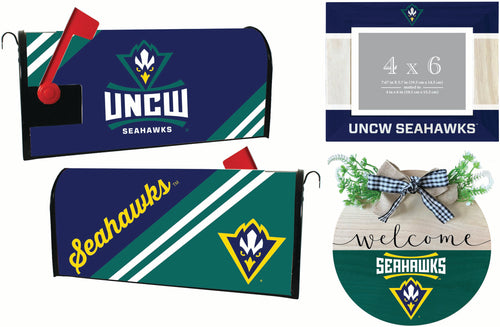 North Carolina Wilmington Seahawks Officially Licensed Home Decor Pack - Magnetic Mailbox Cover, Wooden Welcome Wreath Sign & Photo Frame 