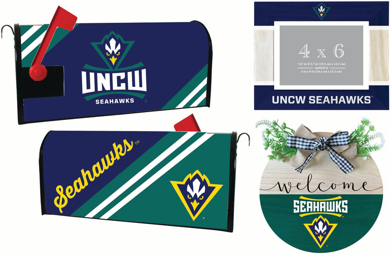 North Carolina Wilmington Seahawks Officially Licensed Home Decor Pack - Magnetic Mailbox Cover, Wooden Welcome Wreath Sign & Photo Frame 