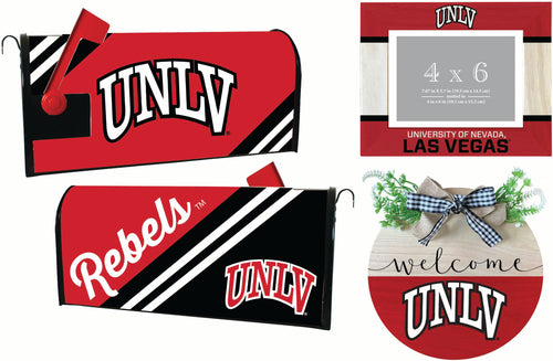 UNLV Rebels Officially Licensed Home Decor Pack - Magnetic Mailbox Cover, Wooden Welcome Wreath Sign & Photo Frame 