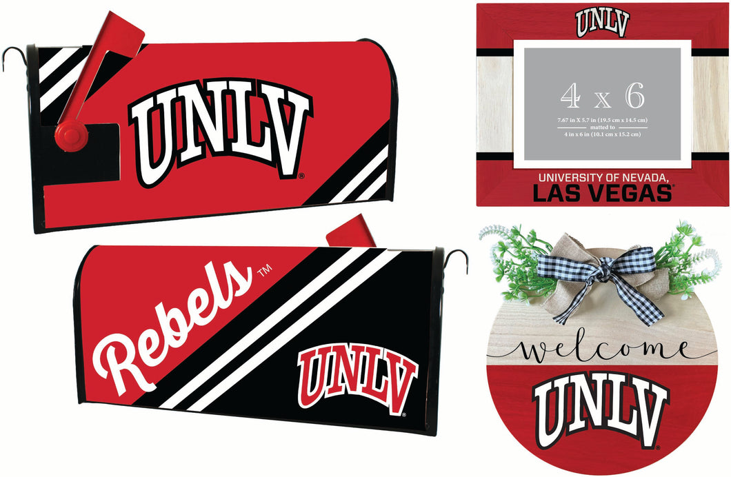 UNLV Rebels Officially Licensed Home Decor Pack - Magnetic Mailbox Cover, Wooden Welcome Wreath Sign & Photo Frame 