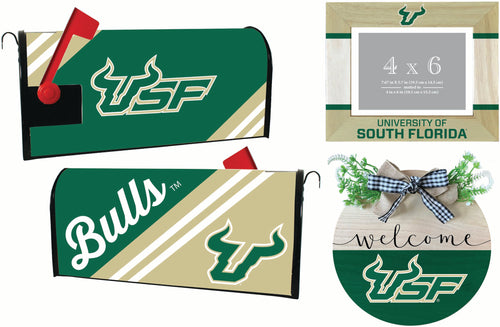 South Florida Bulls Officially Licensed Home Decor Pack - Magnetic Mailbox Cover, Wooden Welcome Wreath Sign & Photo Frame 