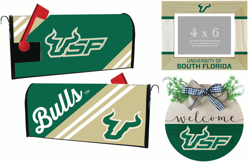 South Florida Bulls Officially Licensed Home Decor Pack - Magnetic Mailbox Cover, Wooden Welcome Wreath Sign & Photo Frame 