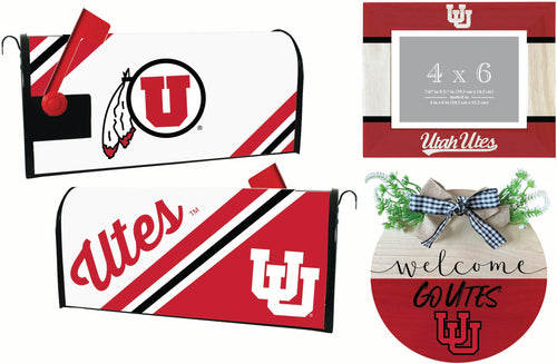 Utah Utes Officially Licensed Home Decor Pack - Magnetic Mailbox Cover, Wooden Welcome Wreath Sign & Photo Frame 