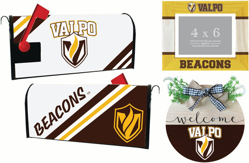 Valparaiso University Officially Licensed Home Decor Pack - Magnetic Mailbox Cover, Wooden Welcome Wreath Sign & Photo Frame 