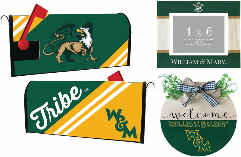 William and Mary Officially Licensed Home Decor Pack - Magnetic Mailbox Cover, Wooden Welcome Wreath Sign & Photo Frame 