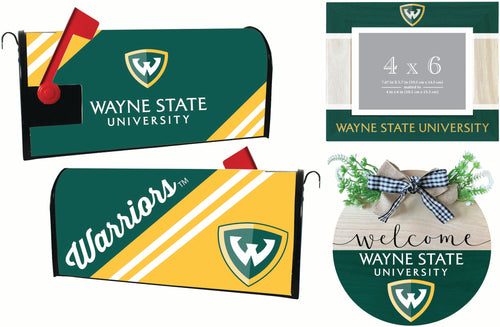 Wayne State Officially Licensed Home Decor Pack - Magnetic Mailbox Cover, Wooden Welcome Wreath Sign & Photo Frame 