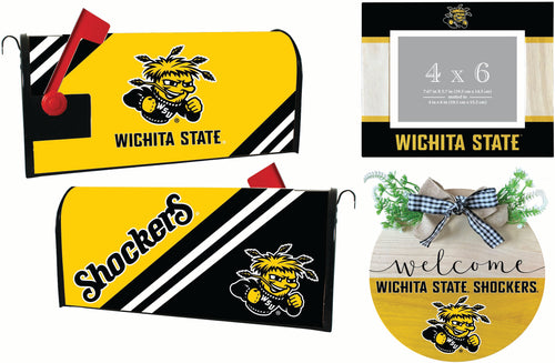 Wichita State Shockers Officially Licensed Home Decor Pack - Magnetic Mailbox Cover, Wooden Welcome Wreath Sign & Photo Frame 