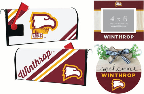 Winthrop University Officially Licensed Home Decor Pack - Magnetic Mailbox Cover, Wooden Welcome Wreath Sign & Photo Frame 