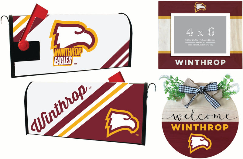 Winthrop University Officially Licensed Home Decor Pack - Magnetic Mailbox Cover, Wooden Welcome Wreath Sign & Photo Frame 