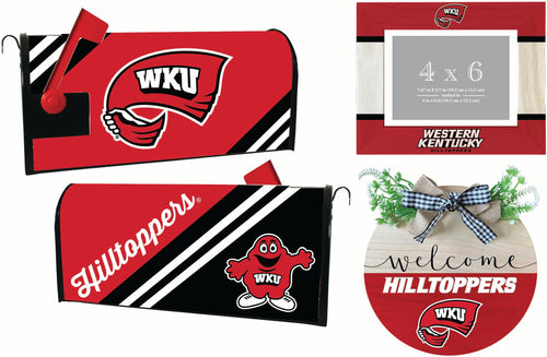 Western Kentucky Hilltoppers Officially Licensed Home Decor Pack - Magnetic Mailbox Cover, Wooden Welcome Wreath Sign & Photo Frame 