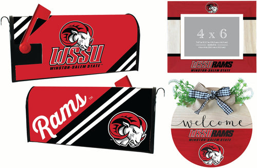 Winston-Salem State Officially Licensed Home Decor Pack - Magnetic Mailbox Cover, Wooden Welcome Wreath Sign & Photo Frame 